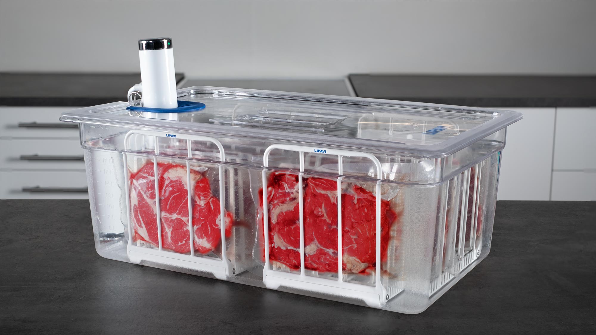 LIPAVI container, fitted lid and rack keeping sous vide bags neatly separated